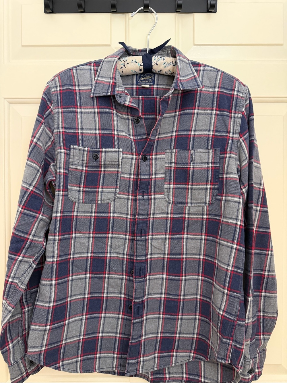 Men's Plaid Button-Up Shirt in Gray & Navy with Red Accent - (Brand: )